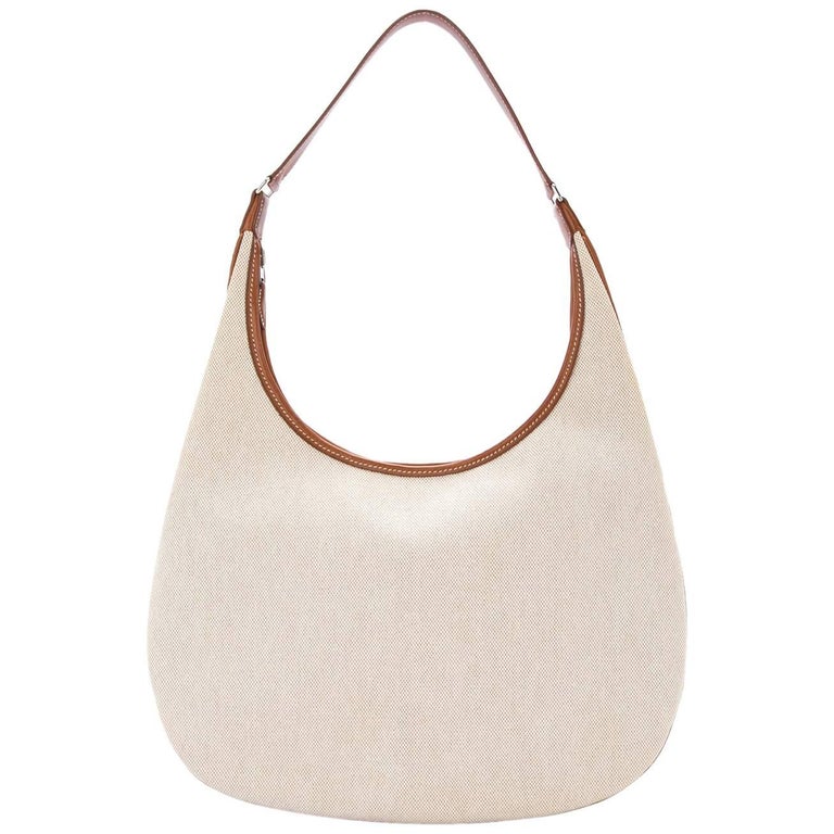 Hermes Tan Canvas Cognac Leather Trim Carryall Hobo Shoulder Bag in Box