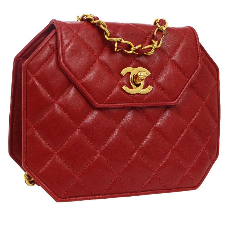 Chanel Red Leather Party Octagon 2 in 1 Clutch Evening Shoulder Flap