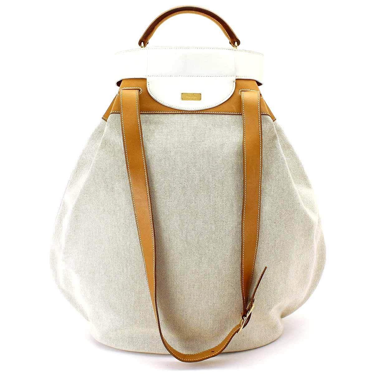 Hermes Tan Canvas Cognac Leather Top Handle Satchel Carryall Shoulder Bag 2