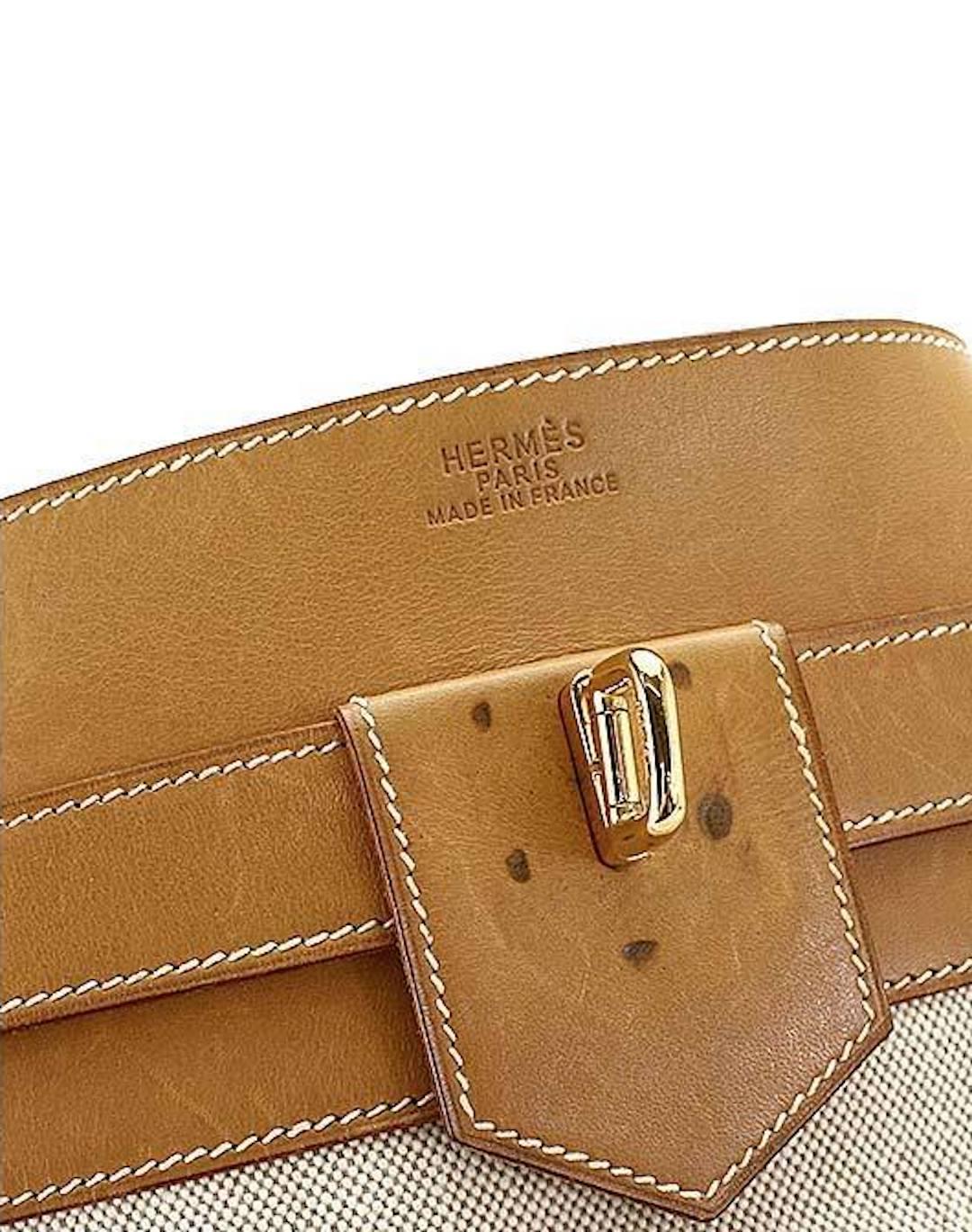 Beige Hermes Tan Canvas Cognac Leather Top Handle Satchel Carryall Shoulder Bag