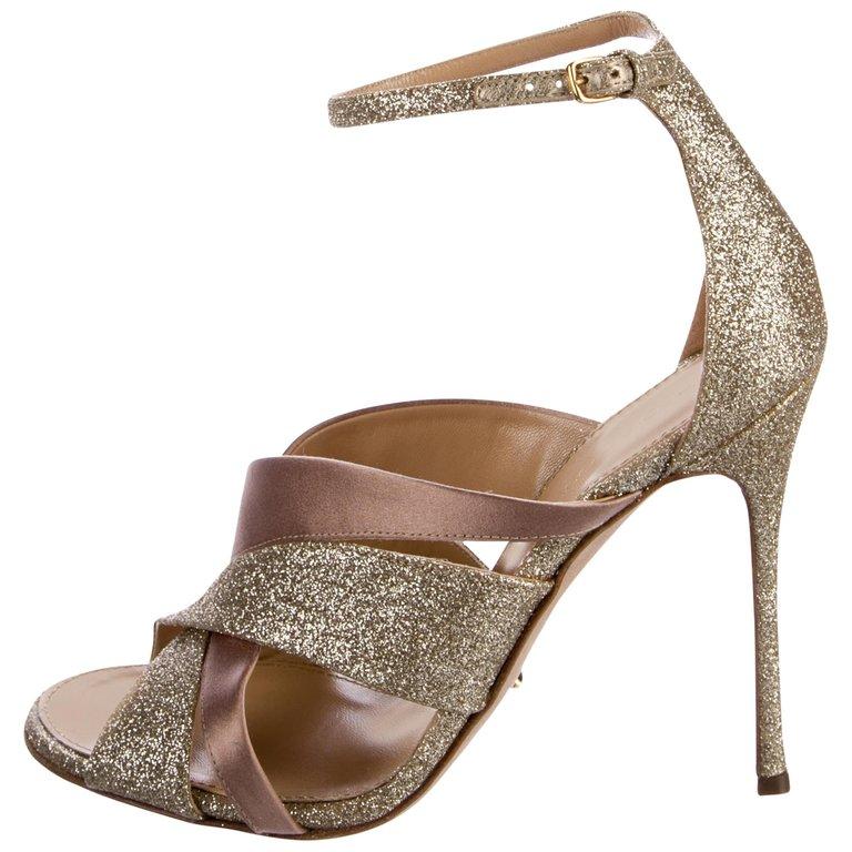 Sergio Rossi New Gold Taupe Satin Evening Sandals Heels   In New Condition In Chicago, IL