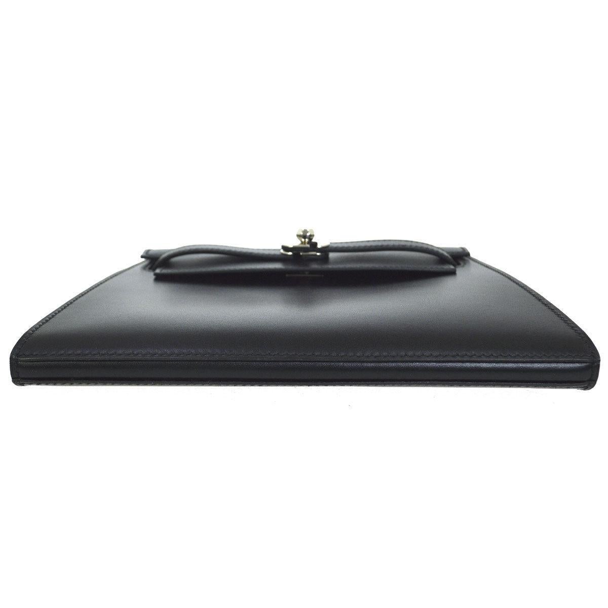 Women's Hermes Rare Black Leather Silver Turnlock Evening Flap Clutch Bag 