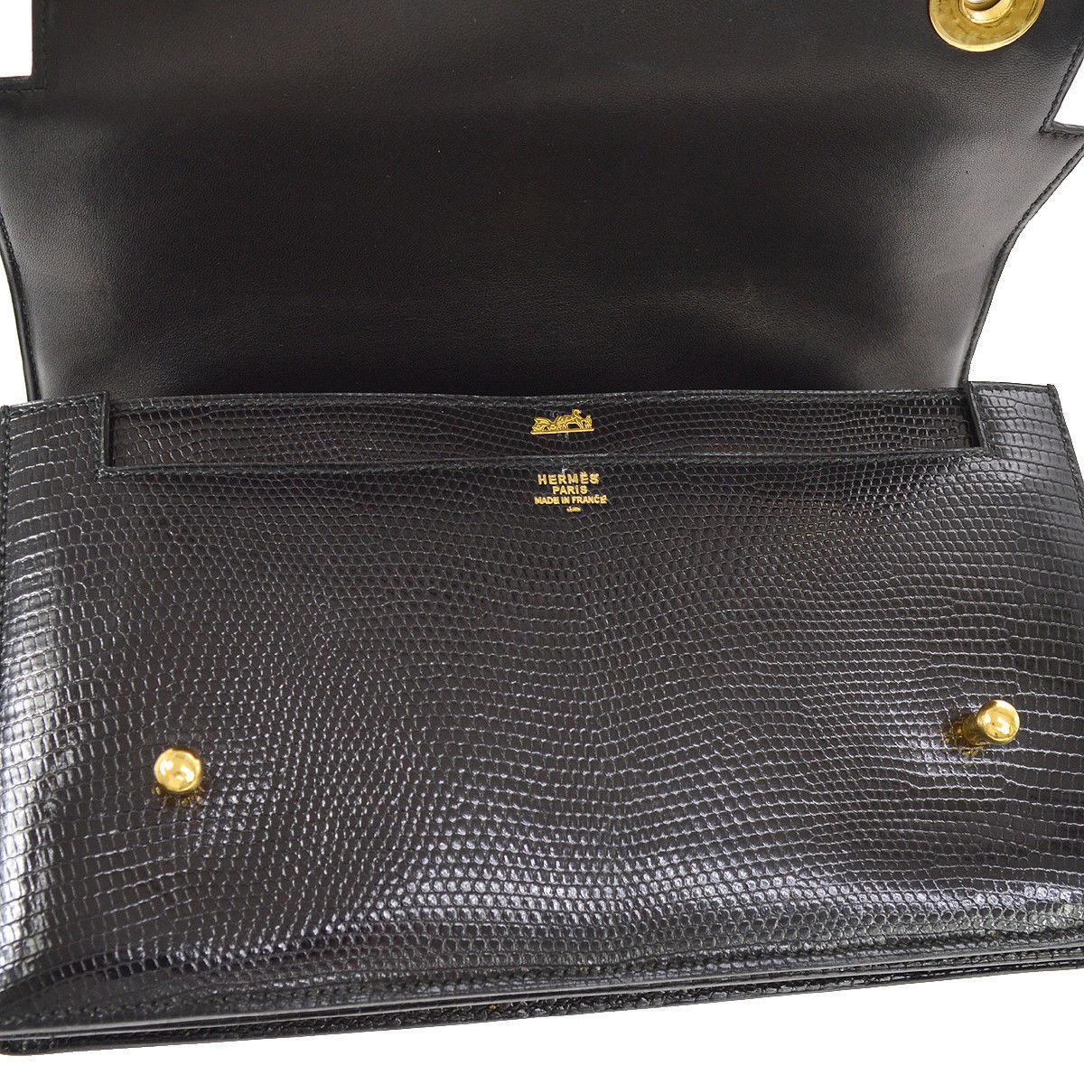 Hermes Black Lizard Leather Evening Gold Stud Top Handle Satchel Kelly Style Bag 2