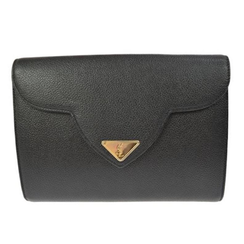 YSL Black Leather Gold Hardware Envelope Top Handle Evening Clutch Bag