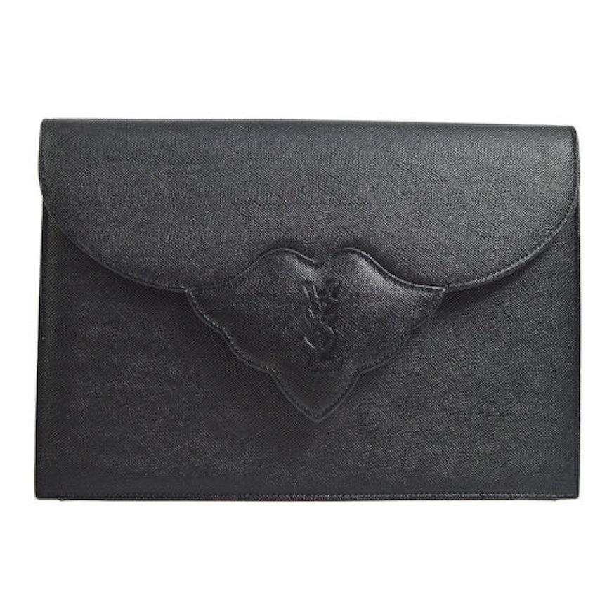 YSL Yves Saint Laurent Black Leather Envelope Evening Flap Clutch Bag