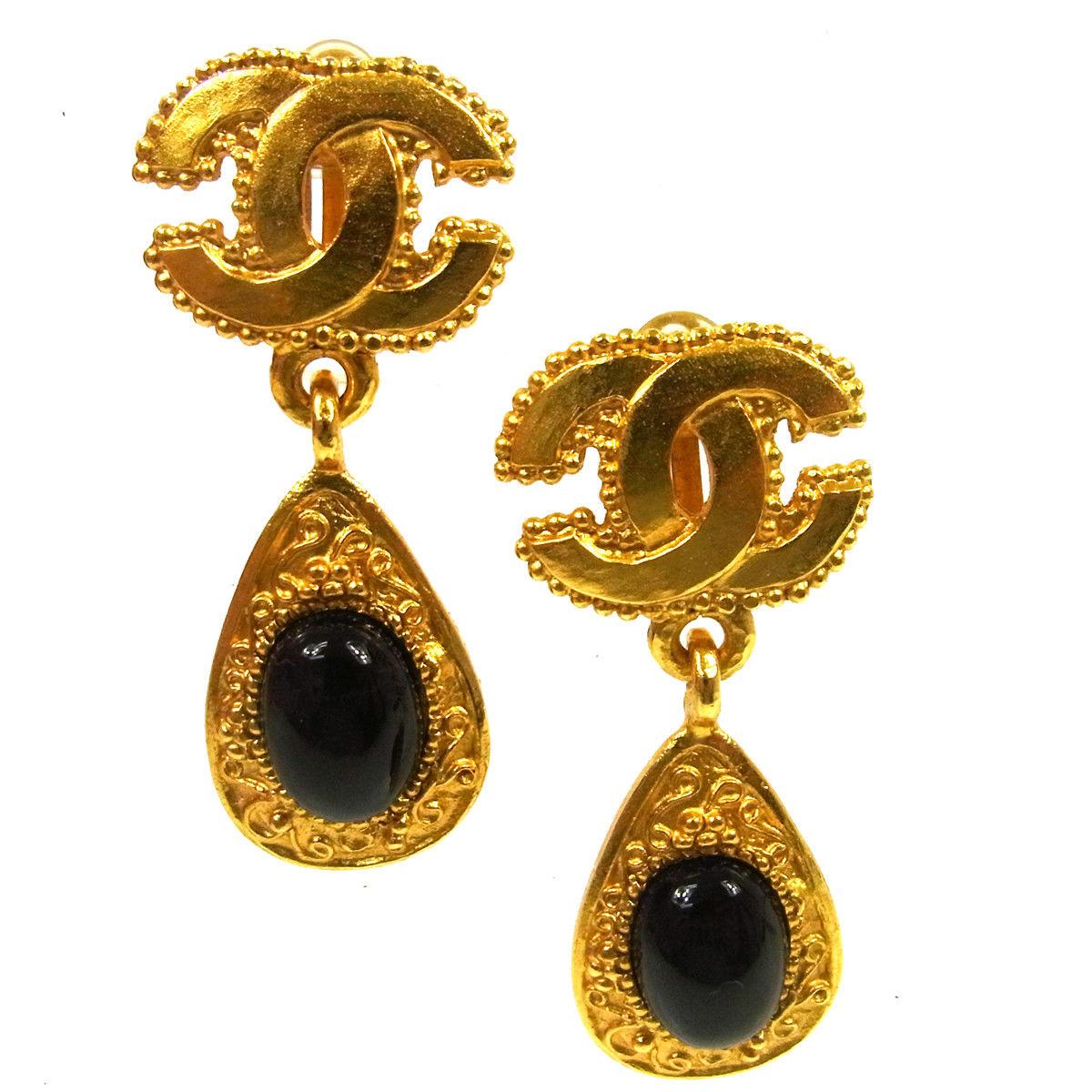 Chanel Vintage Black Round Button Gold Charm Evening Dangle Drop Earrings