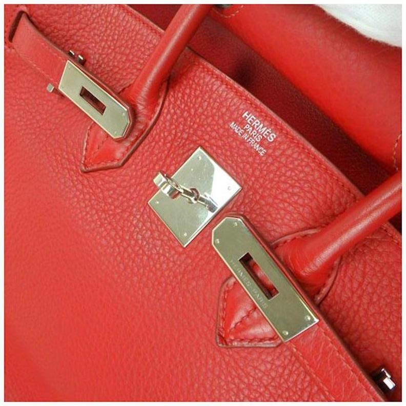 Hermes Birkin 35 Rouge Garance Clemence Leather Top Handle Satchel Tote Bag

Clemence leather
Palladium tone hardware
Leather lining
Turnlock closure
Made in France
Date code present 
Handle drop 4