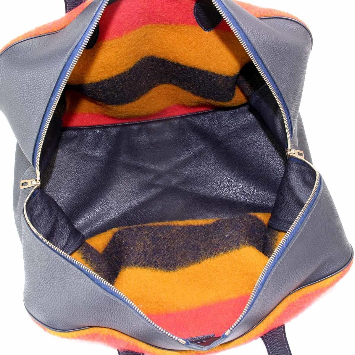 Women's Hermes Multi Stripe Wool Leather Men's Carryall Travel Duffle Weekender Tote Bag
