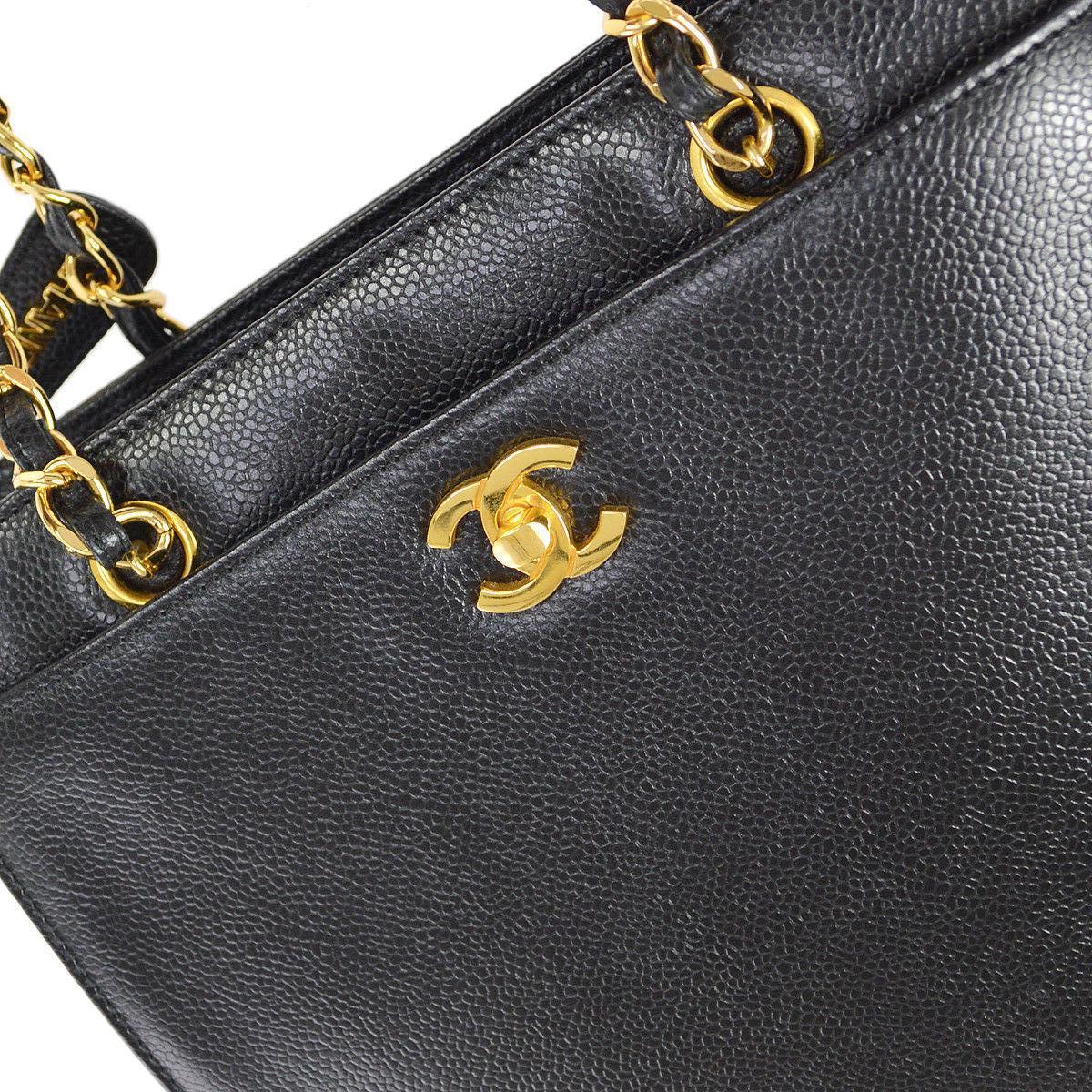 Chanel Black Caviar Leather Zip Carryall Travel Shopper Shoulder Tote Bag

Caviar leather
Gold tone hardware
Woven lining
Zipper closure
Date code present
Made in France
Measures 
Handle drop 6.75
