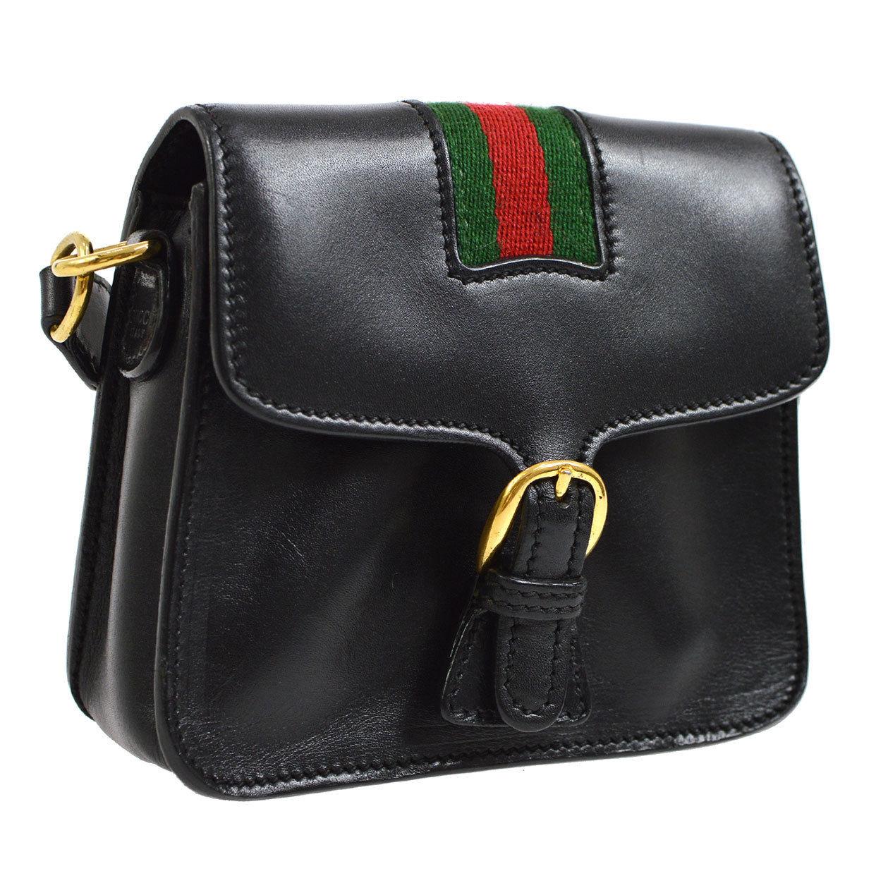 Gucci Black Leather Green Red Signature Strip Crossbody Shoulder Flap Bag