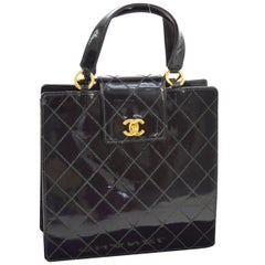 Vintage Chanel Black Patent Leather Gold Kelly Style Top Handle Satchel Evening Tote Bag