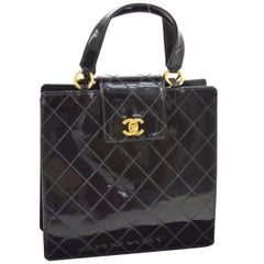 Chanel Schwarzes Lackleder Gold Kelly Style Top Handle Satchel Abendtasche