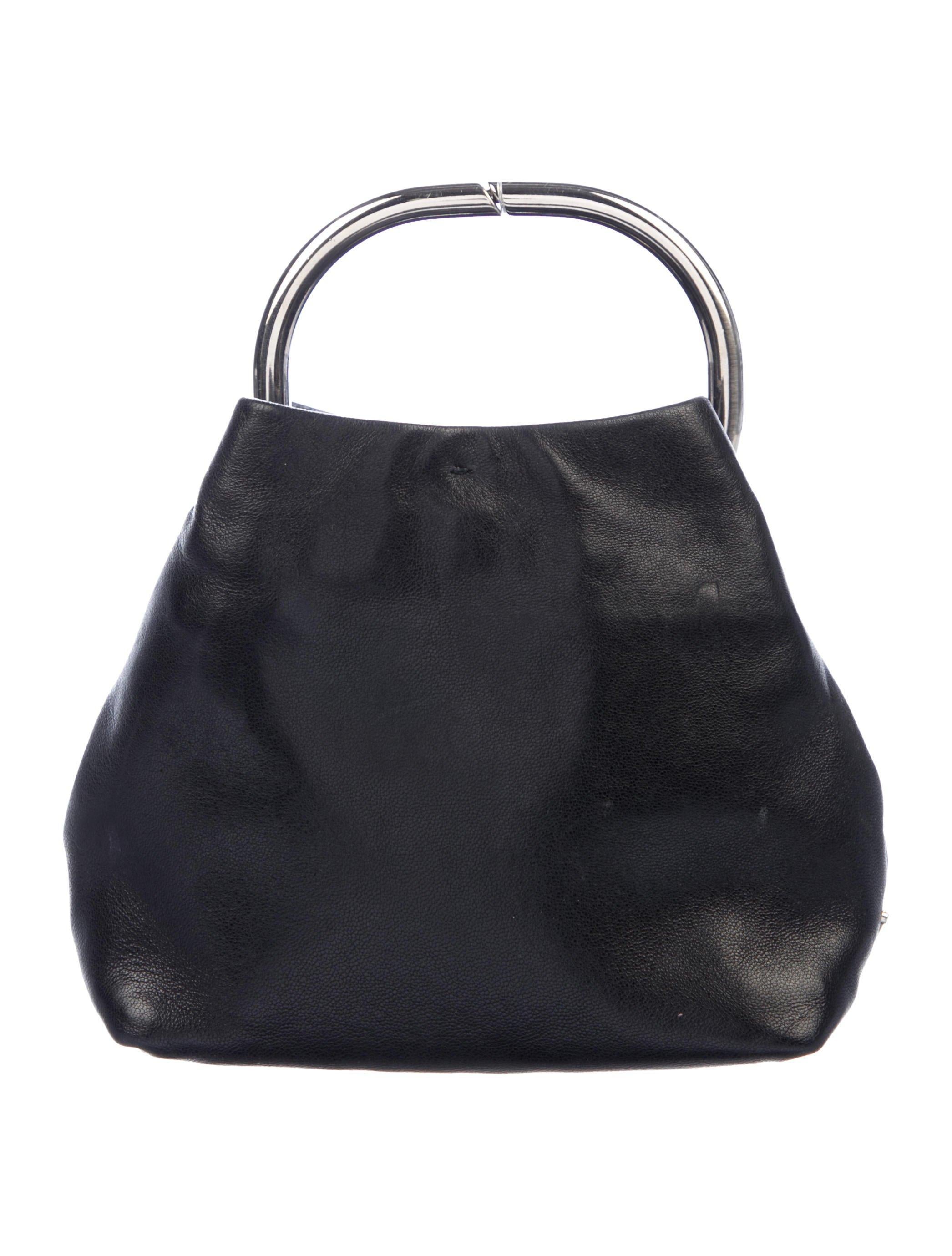 Women's Prada Black Leather Silver Metal Top Handle Small Party Evening Satchel Bag