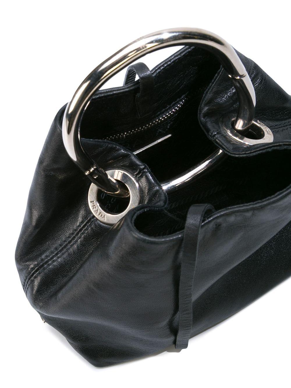 Prada Black Leather Silver Metal Top Handle Small Party Evening 