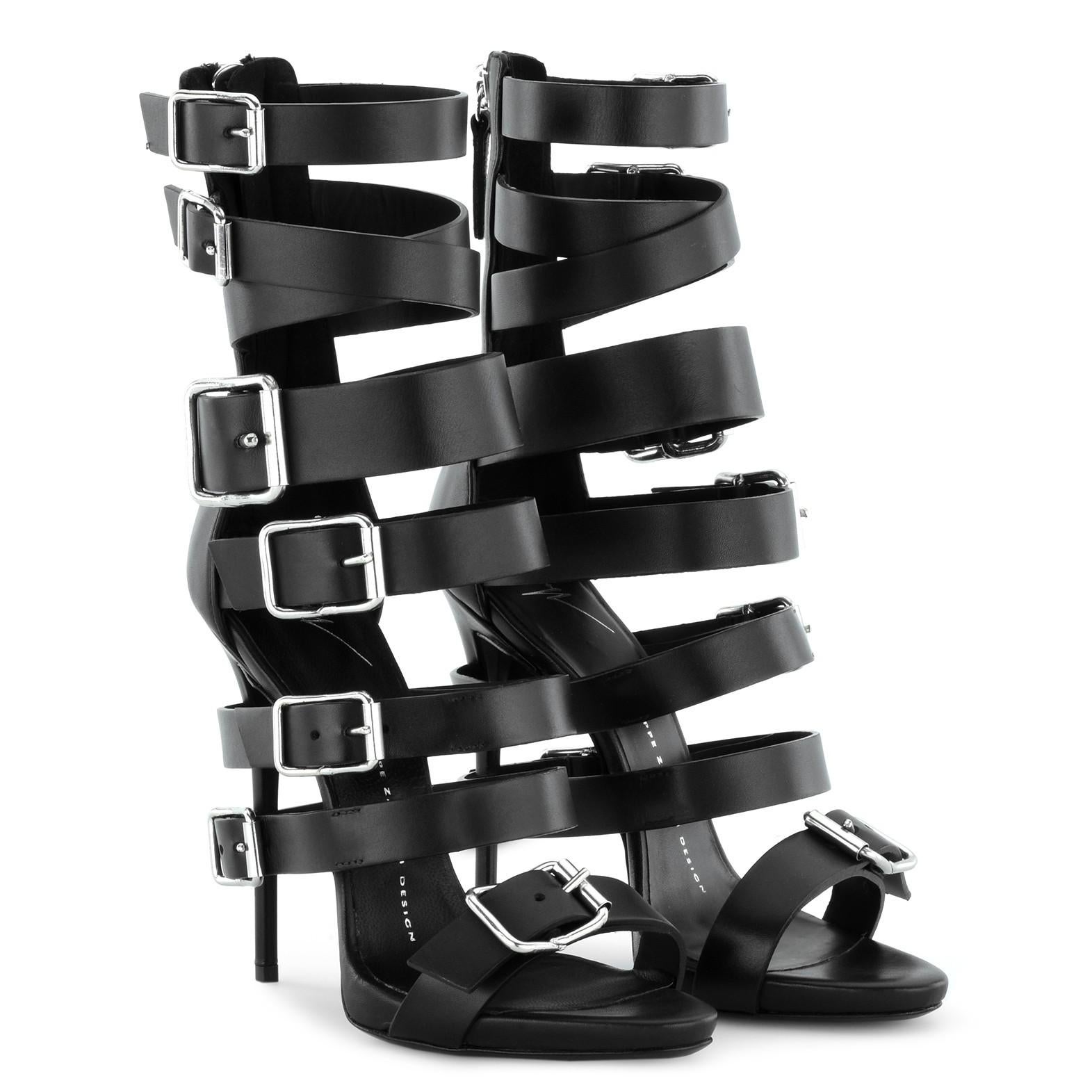 Women's Giuseppe Zanotti NEW Black Leather Silver Buckle Evening Sandals Heels in Box II