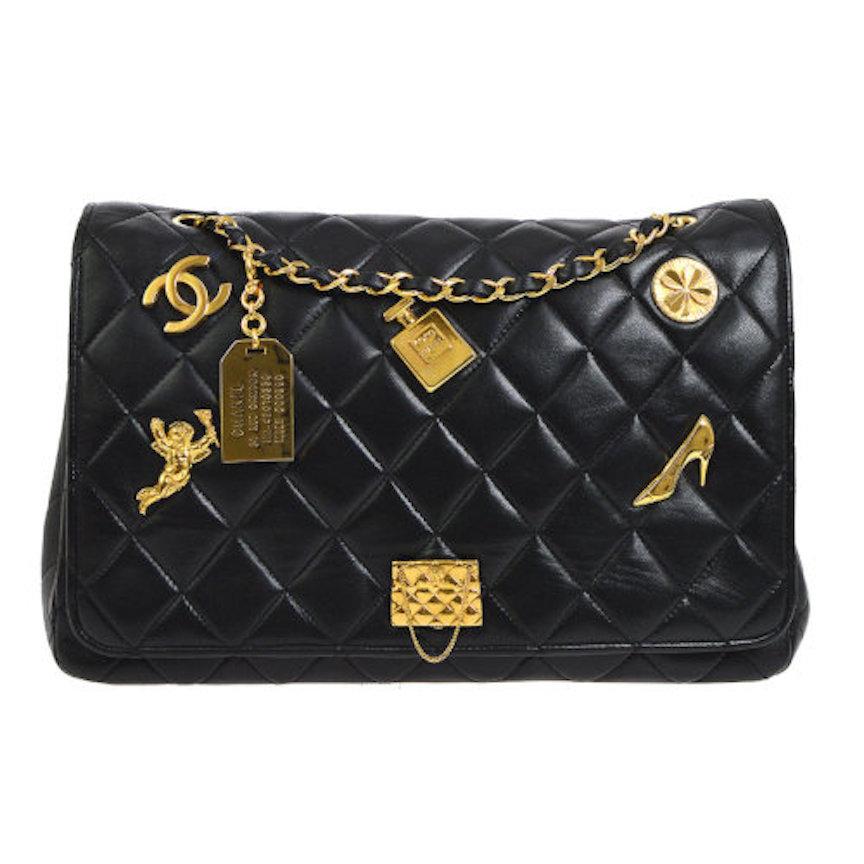Chanel Rare Large Black Leather Gold Charms Evening Shoulder Flap Bag