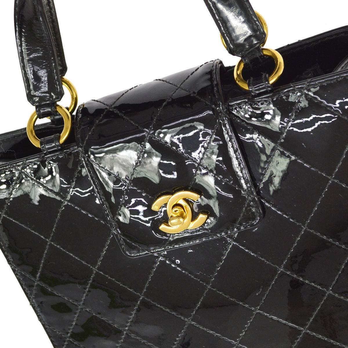 Chanel Black Patent Leather Gold Kelly Style Top Handle Satchel Evening Tote Bag In Excellent Condition In Chicago, IL