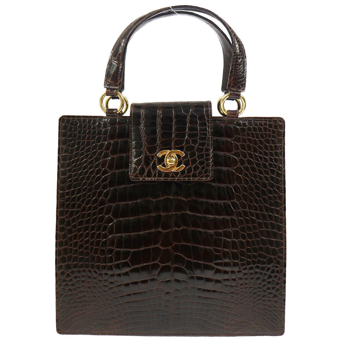 Chanel Rare Crocodile Gold Kelly StyleEvening Top Handle Satchel Bag in Box