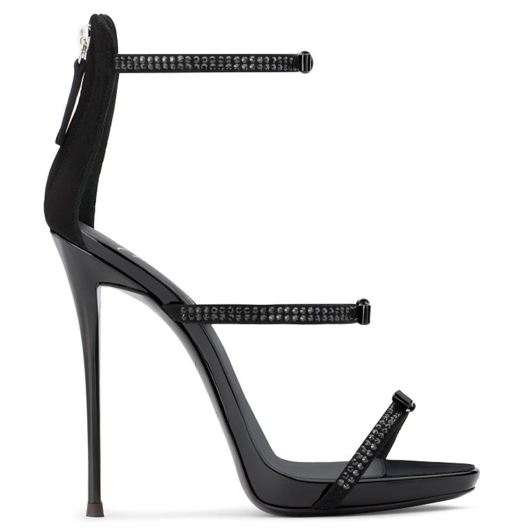 Giuseppe Zanotti Black Suede Crystal Evening Sandals Heels in Box In New Condition In Chicago, IL