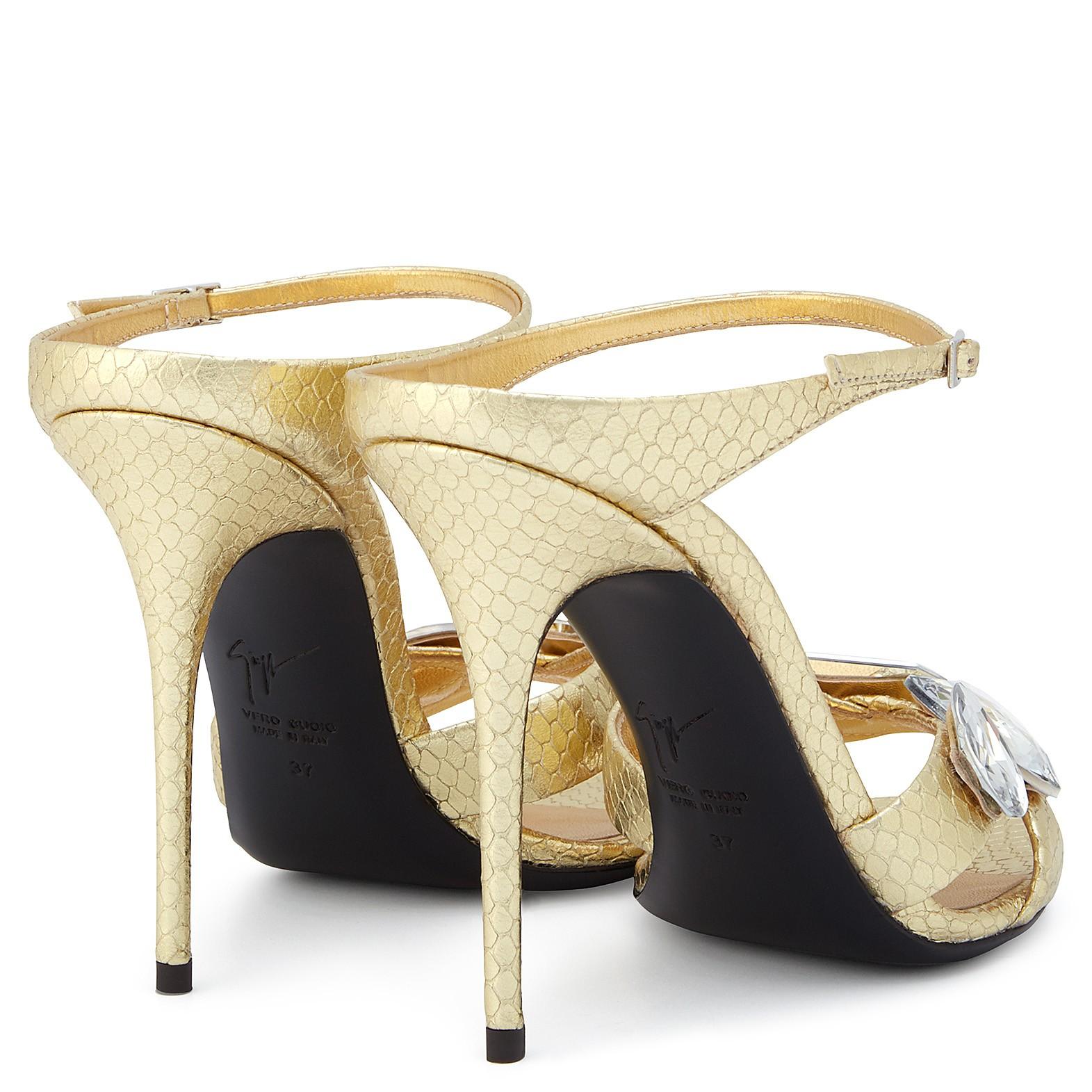 Women's Giuseppe Zanotti NEW Gold Leather Crystal Evening Slide In Mules Heels in Box