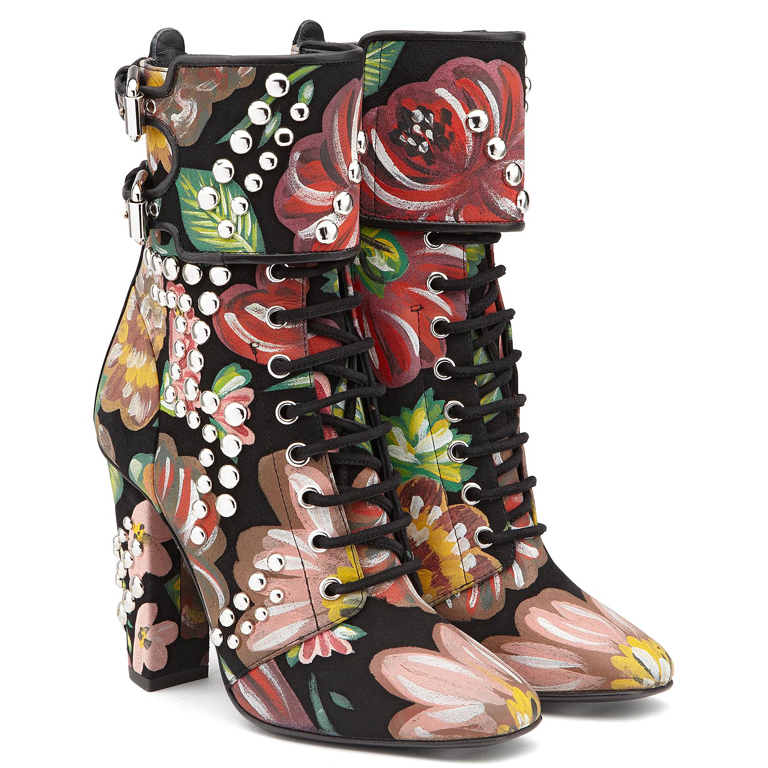 Brown Giuseppe Zanotti Hand Painted Floral Leather Chunky Block Heel Boots 