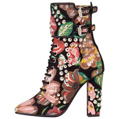 Giuseppe Zanotti Hand Painted Floral Leather Chunky Block Heel Boots 