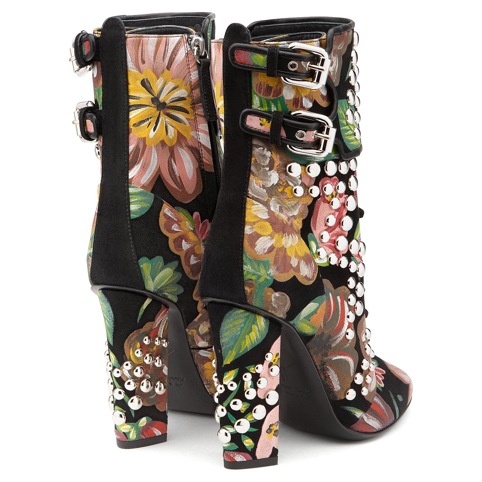 Giuseppe Zanotti Hand Painted Floral Leather Chunky Block Heel Boots  In New Condition In Chicago, IL