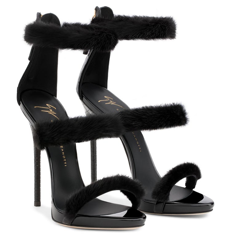 Giuseppe Zanotti Black Leather Fur Evening Sandal Heels in Box at ...