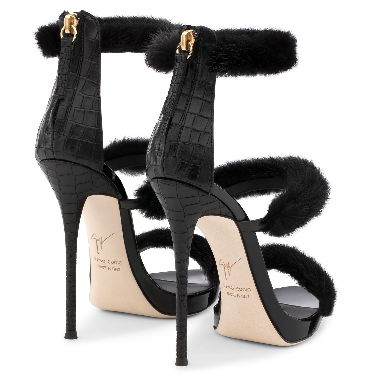 Giuseppe Zanotti Black Leather Fur Evening Sandal Heels in Box In New Condition In Chicago, IL