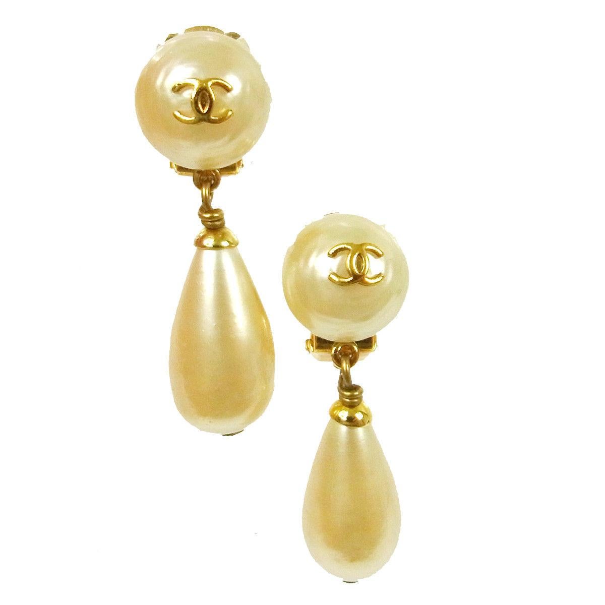 Chanel Rare Gold Charm Pearl on Pearl Evening Dangle Drop Earrings in Box