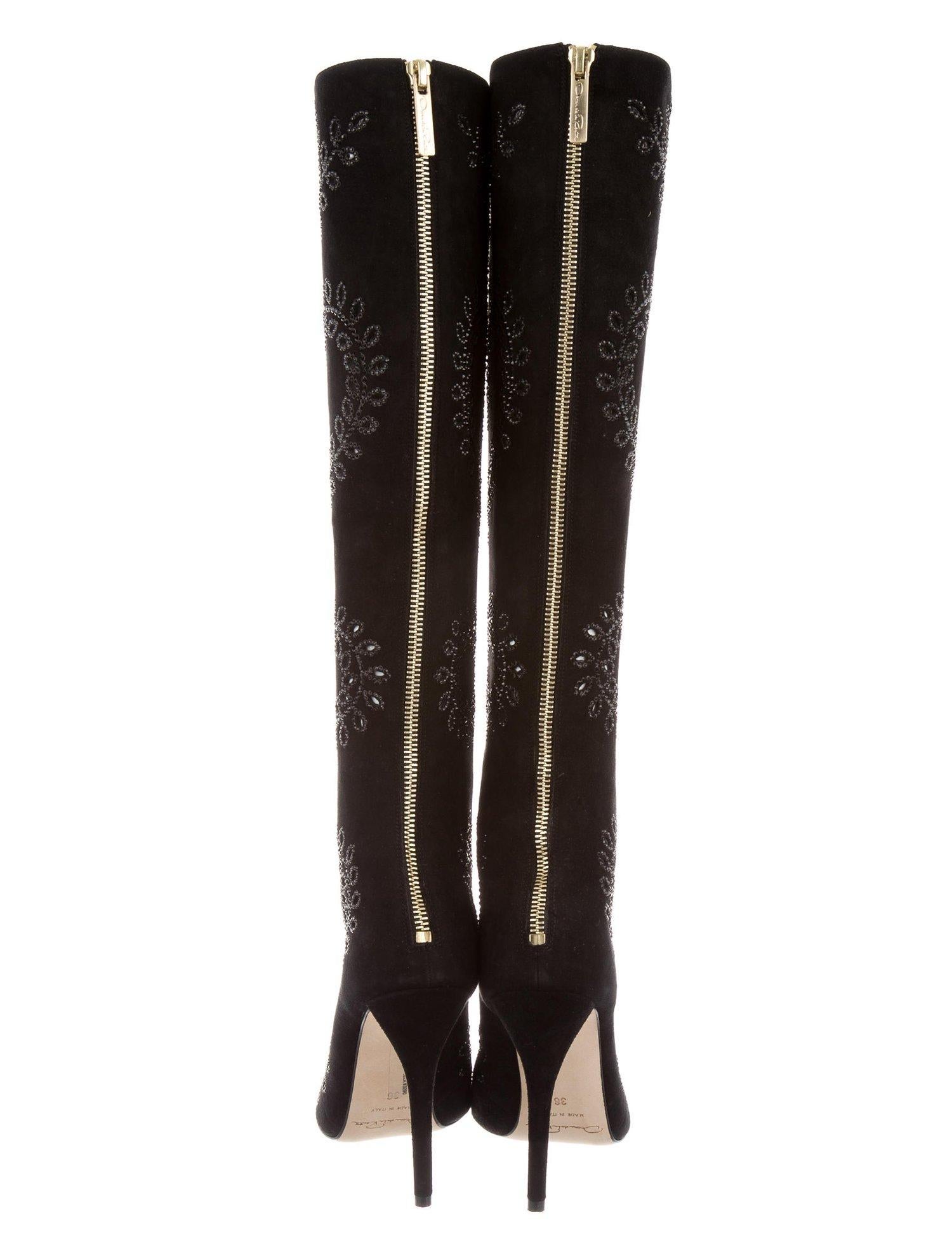 Oscar de la Renta NEW Black Suede Jewel Knee Evening High Boots in Box 1