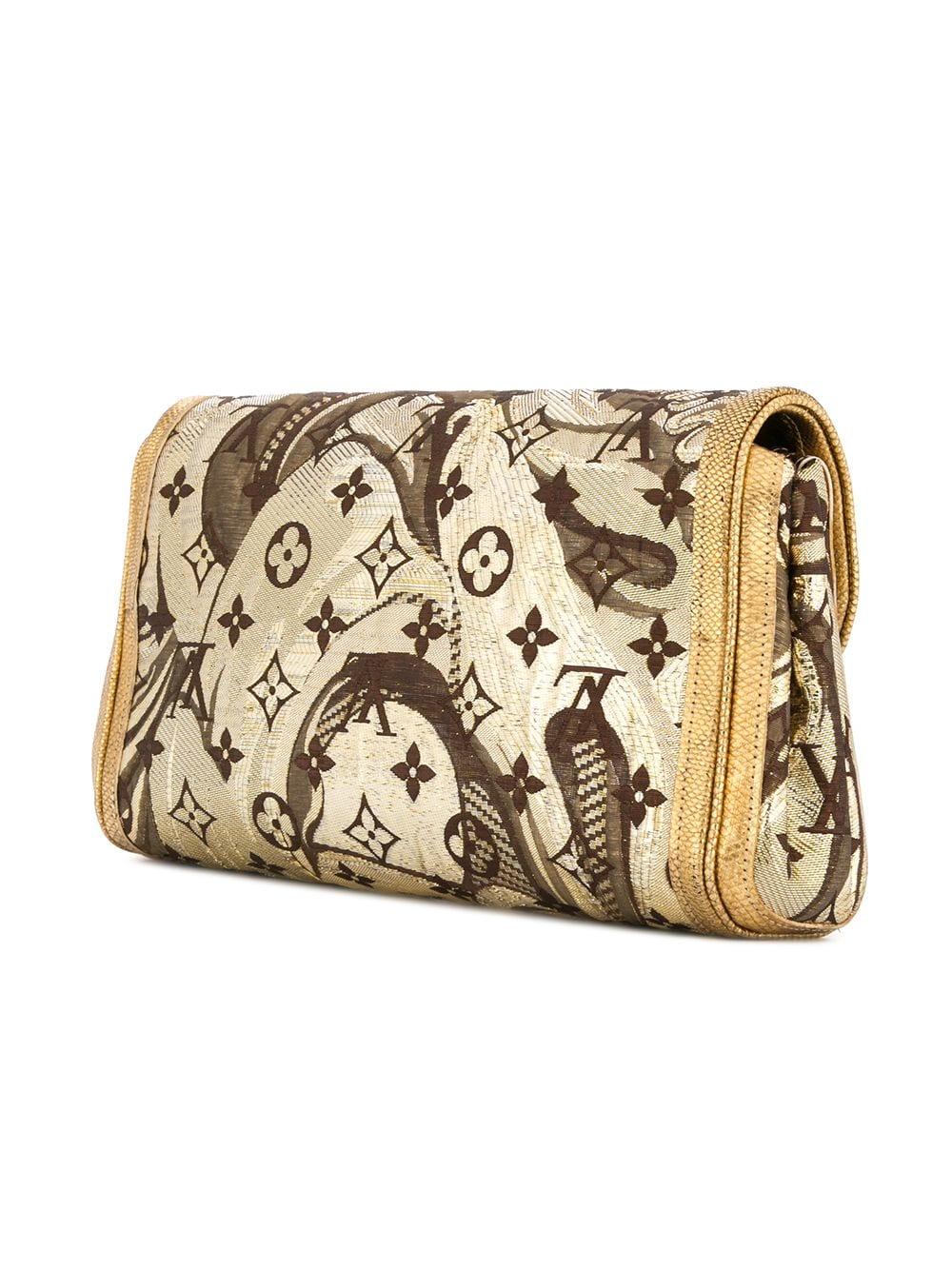 Louis Vuitton Monogram Gold Brown Silk Leather Gold Evening Clutch Flap Bag In Excellent Condition In Chicago, IL