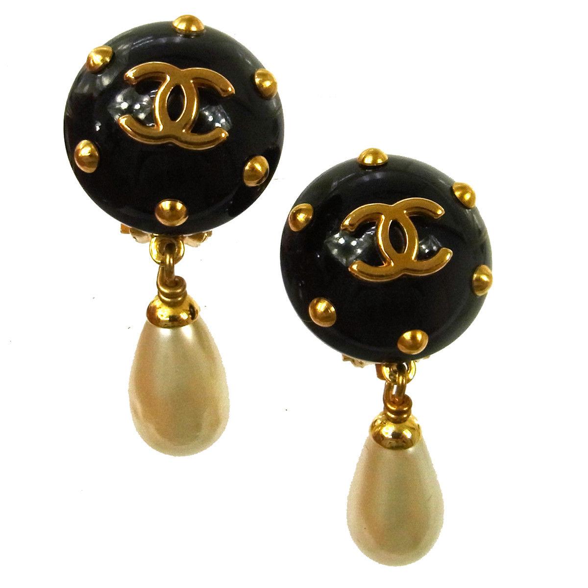 Chanel Studded Charm Pearl Black Evening Dangle Drop Earrings 