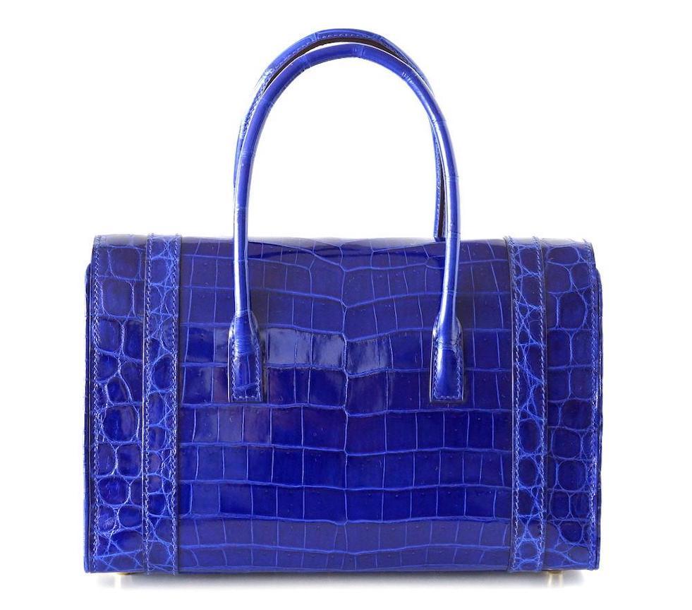 Purple Hermes Rare Blue Crocodile Gold 'H' Buckle Evening Top Handle Satchel Flap Bag
