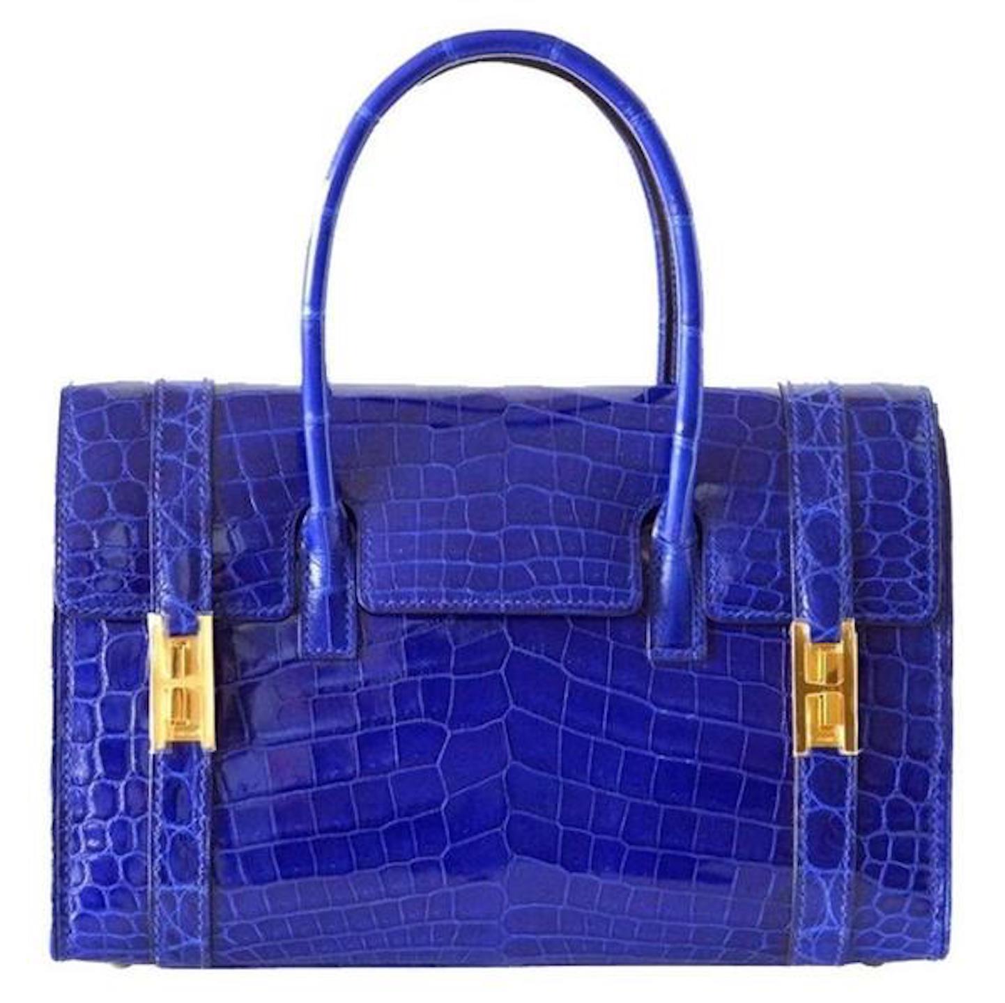 Hermes Rare Blue Crocodile Gold 'H' Buckle Evening Top Handle Satchel Flap Bag