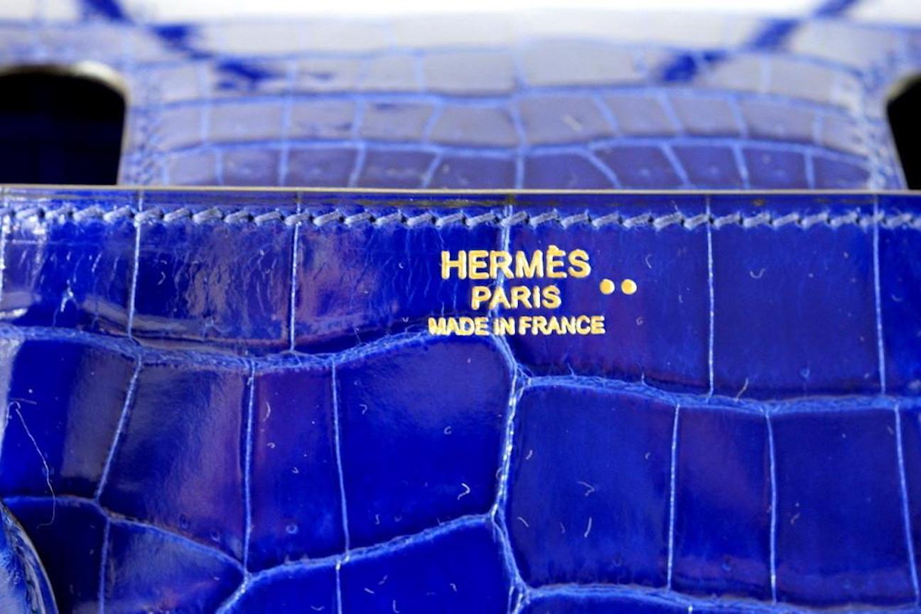Hermes Rare Blue Crocodile Gold 'H' Buckle Evening Top Handle Satchel Flap Bag 1