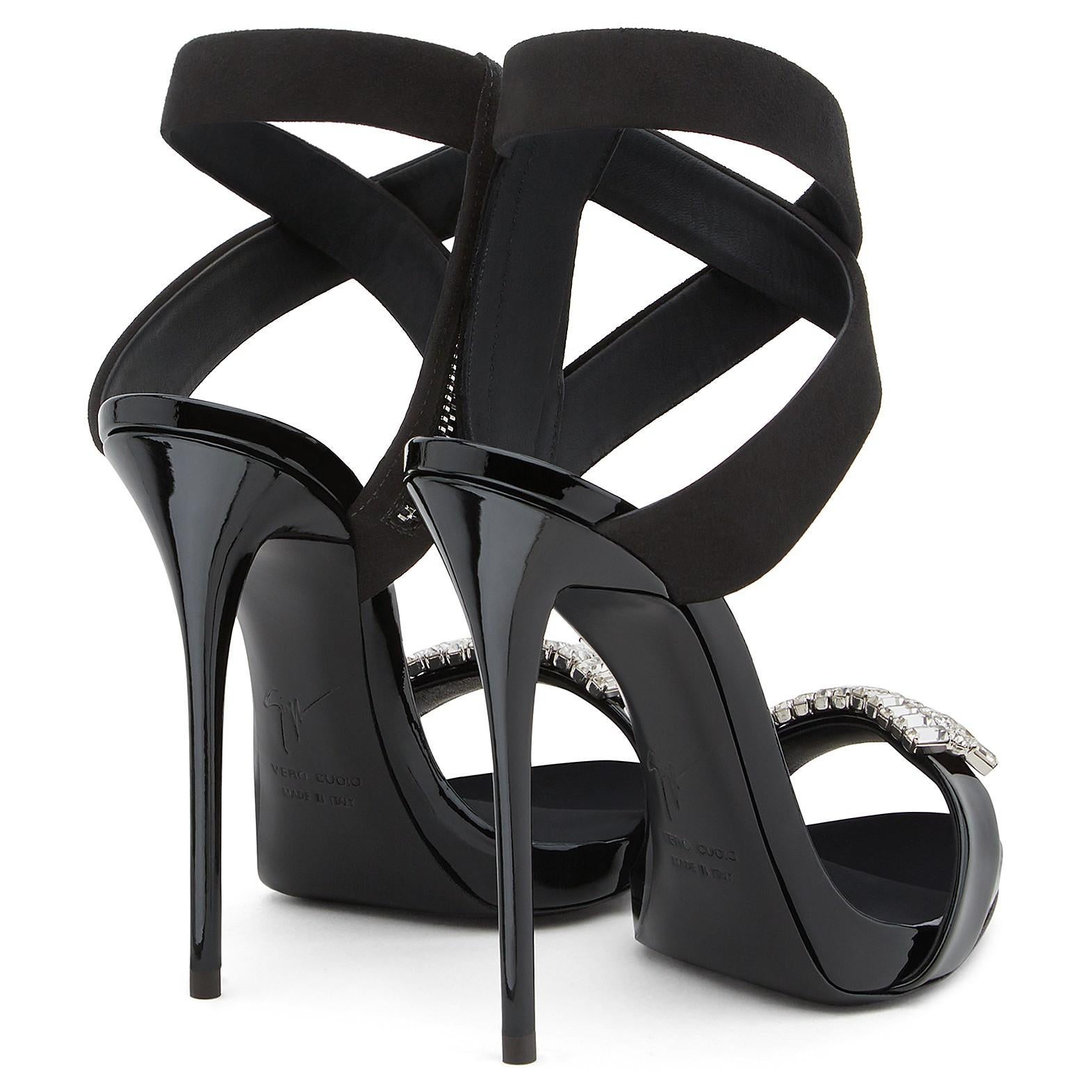 Giuseppe Zanotti NEW Black Suede Patent Crystal Evening Sandals Heels in Box 2