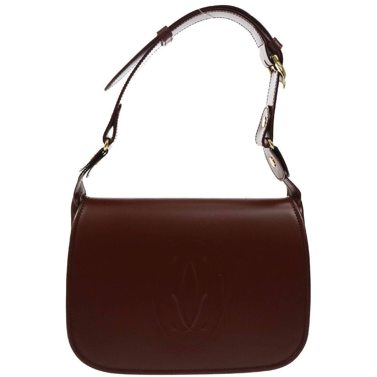Cartier Burgundy Wine Leather Saddle Top Handle Shoulder Flap Bag