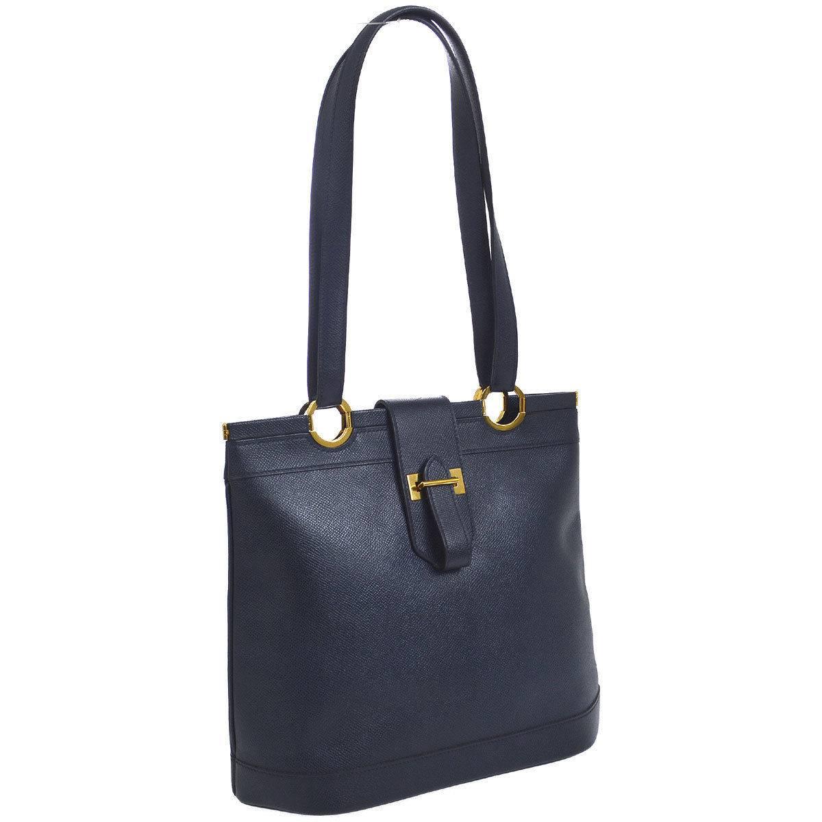 Women's Hermes Dark Blue Gold Hardware Slip Closure Travel Carryall Tote Shoulder Bag