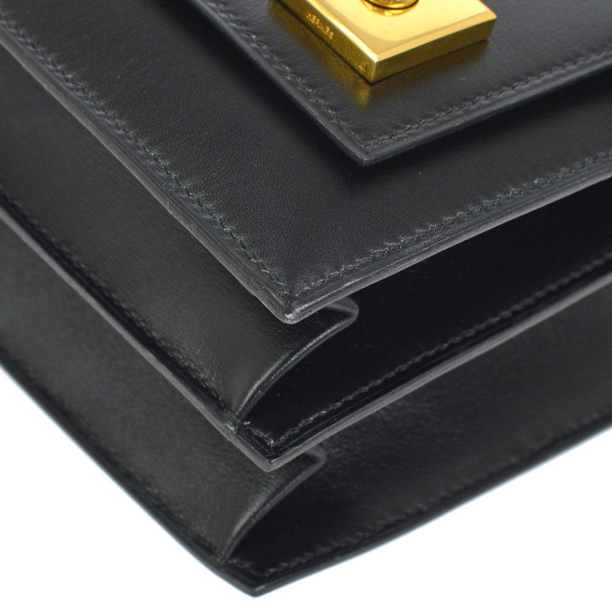 Hermes Black Leather Evening Gold Stud Top Handle Satchel Kelly Style Bag 3