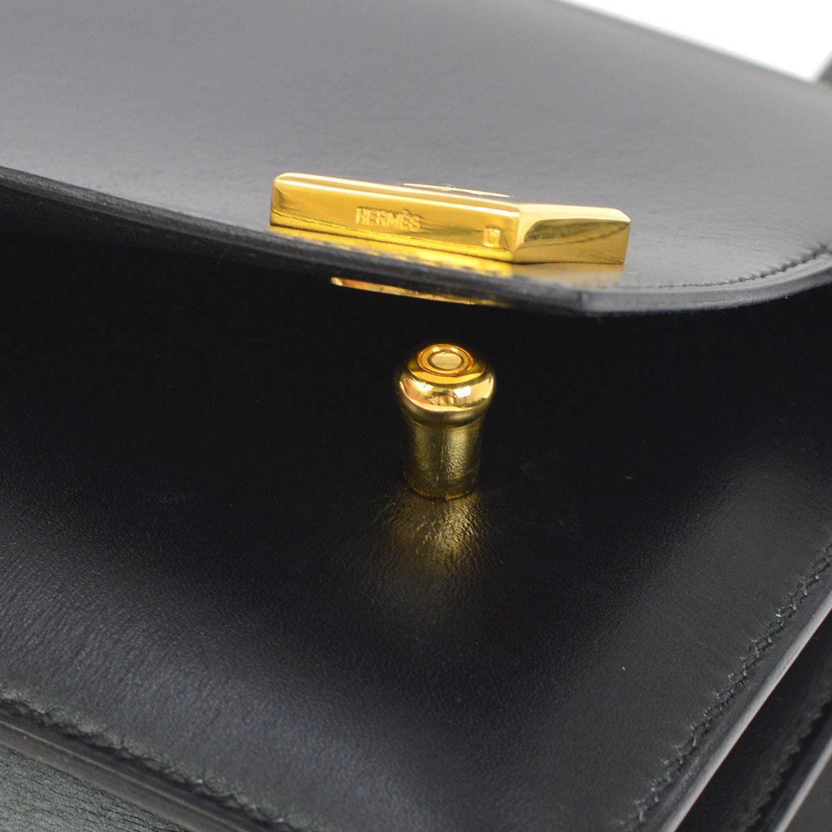 Hermes Black Leather Evening Gold Stud Top Handle Satchel Kelly Style Bag 4