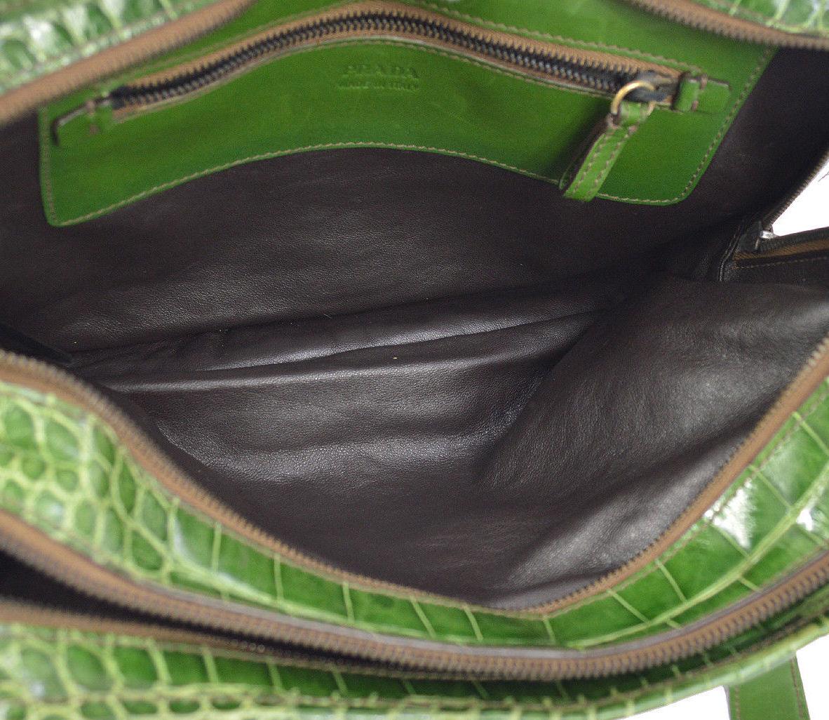 Prada Kelly Green Leather Crocodile Embossed Shiny Top Handle Satchel Kelly Bag In Good Condition In Chicago, IL