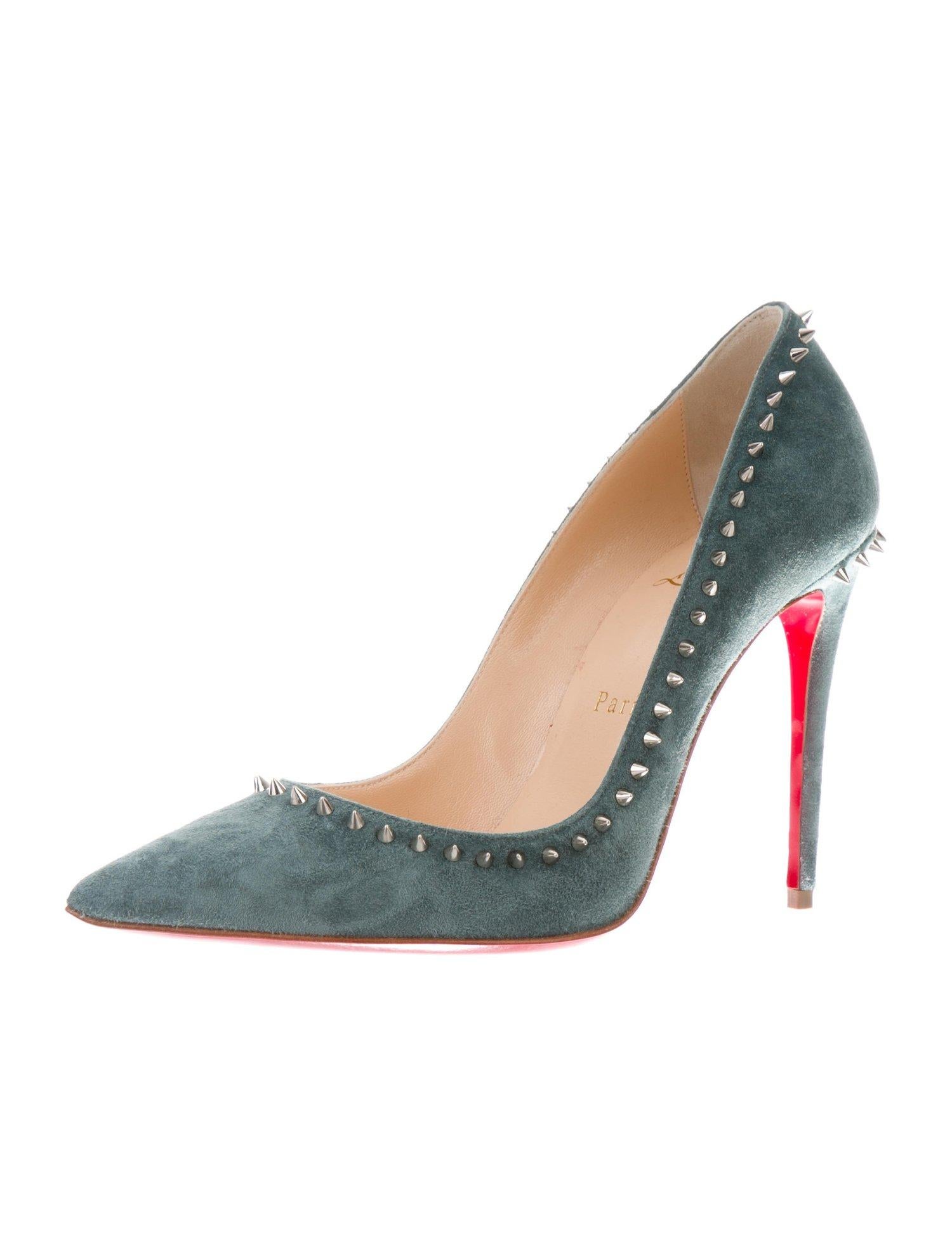 Women's Christian Louboutin NEW Teal Green Suede Silver Stud Evening Pumps Heels 