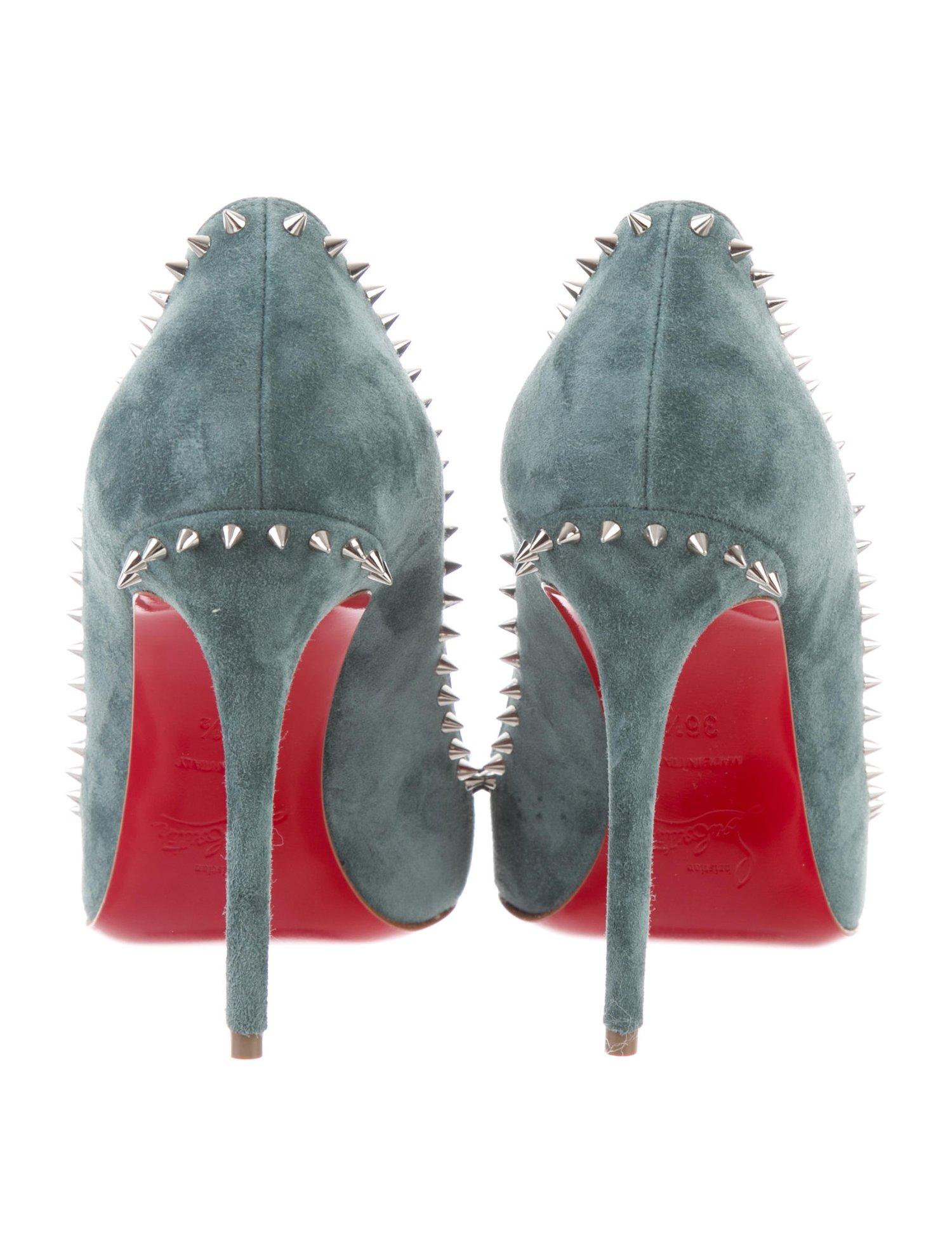 Christian Louboutin NEW Teal Green Suede Silver Stud Evening Pumps Heels  1