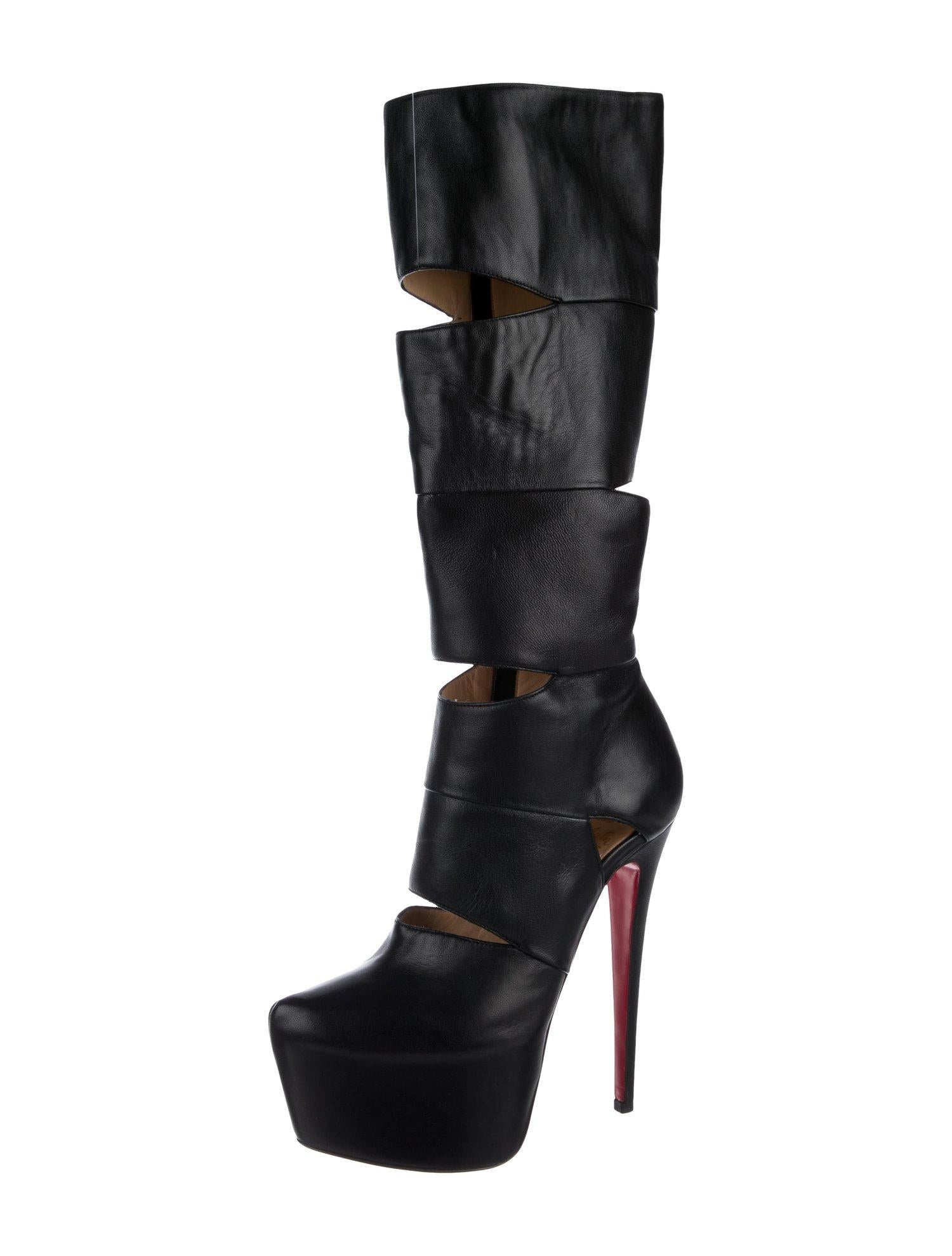 Women's Christian Louboutin NEW Black Leather Cut Out Platform Evening Boots