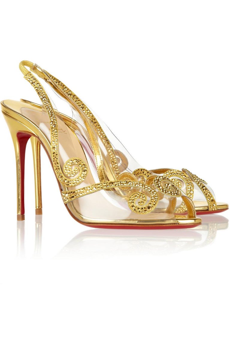 Christian Louboutin NEW Gold Leather Crystal PVC Evening Sandals Heels ...