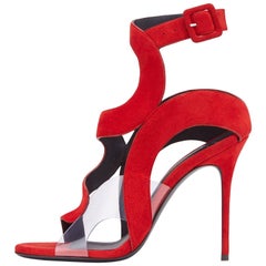 Giuseppe Zanotti NEW Red Suede Cut Out Clear PVC Evening Sandals Heels in Box