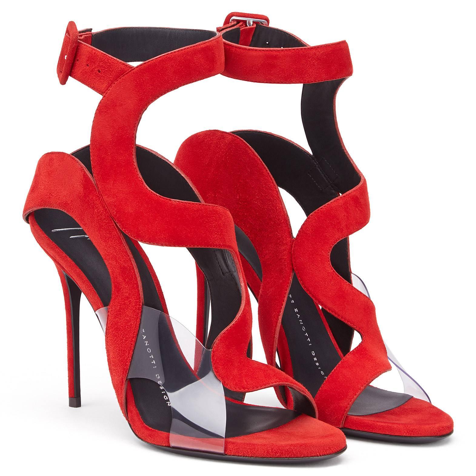 Women's Giuseppe Zanotti NEW Red Suede Cut Out Clear PVC Evening Sandals Heels in Box