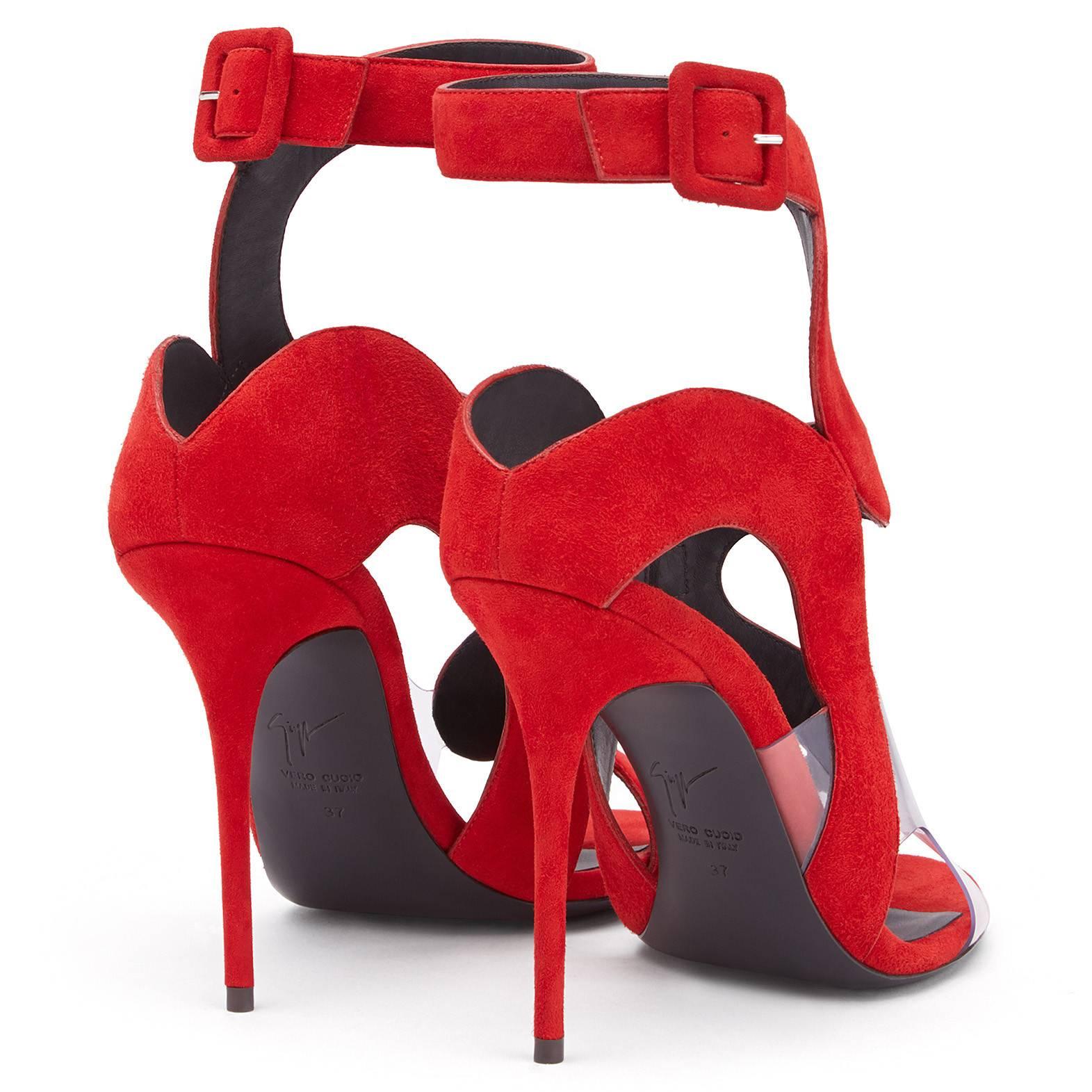 Giuseppe Zanotti NEW Red Suede Cut Out Clear PVC Evening Sandals Heels in Box 1