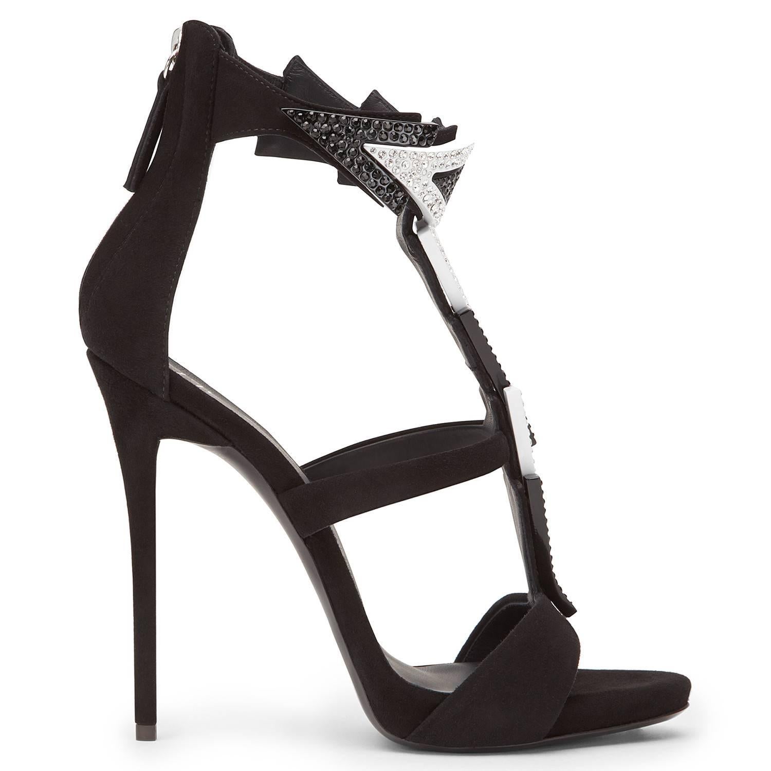 Giuseppe Zanotti New Black Suede Crystal Zig Zag Evening Sandals Heels in Box  In New Condition In Chicago, IL